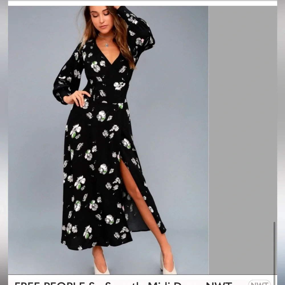 Free People Black Floral Wrap Midi Dress